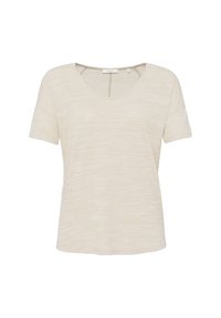 Beige kortärmad t-shirt med V-hals, tillverkad av strukturerad tyg med ett subtilt melerat mönster. Rak skärning och avslappnad passform.