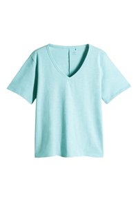 Lichtblauw, korte mouw V-hals T-shirt gemaakt van zacht stof met een relaxte pasvorm en een subtiele textuur. Minimalistisch ontwerp zonder afbeeldingen.