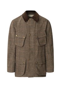 Bruin geruit jasje met een corduroy kraag, voorzien van twee klepzakken, messingen knopen en een gestructureerd stoffenpatroon.
