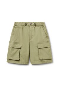 Khaki cargo šortky vyrobené z lehkého materiálu, s elastickým pasem na šňůrku, dvěma velkými bočními kapsami a měkkou texturou.