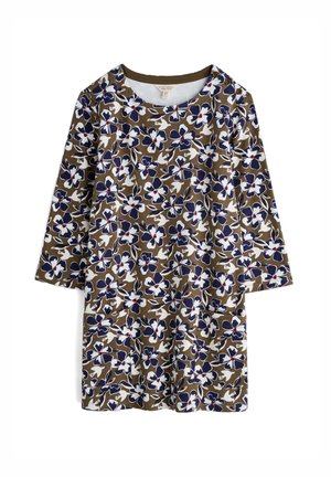 Bruine jurk met lange mouwen, marineblauw-wit bloemenpatroon, ronde halslijn en drie knopen op de linkerschouder.