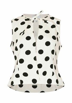 Ujjatlan felső fehér anyagból, nagy fekete pöttyökkel. Kulcstartó nyakkivágással és nyakkendő részlettel a gallérnál. Testhezálló szabás.