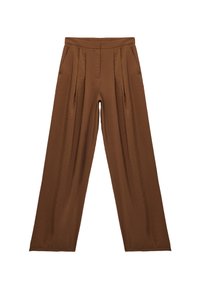 Pantalones de corte recto marrones, confeccionados con una tela suave. Presentan una cintura alta y un diseño de pierna ancha con una sutil textura en toda la prenda.