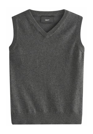 Gilet en maille gris sans manches avec un design en V, bords côtelés et une texture douce. L'étiquette indique "NEXT" au niveau de l'encolure.