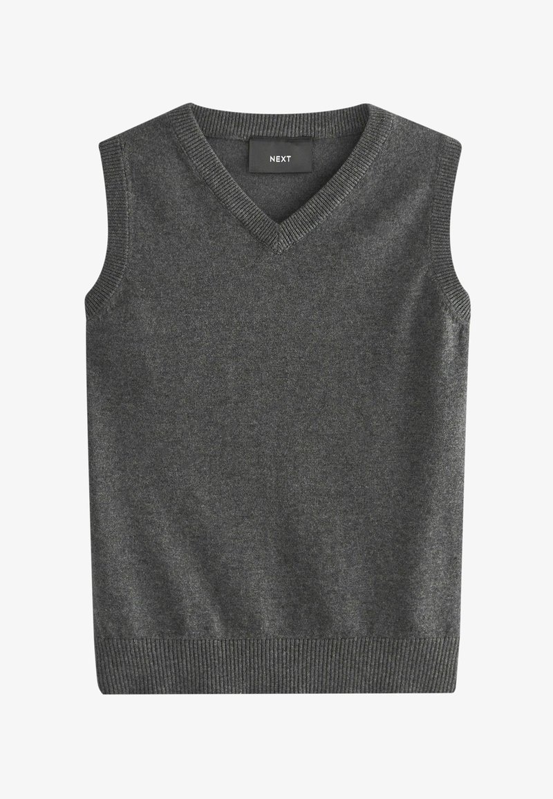 Gilet grigio senza maniche lavorato a maglia con scollo a V, bordi a costine e una texture morbida. L'etichetta recita "NEXT" all'altezza del collo.