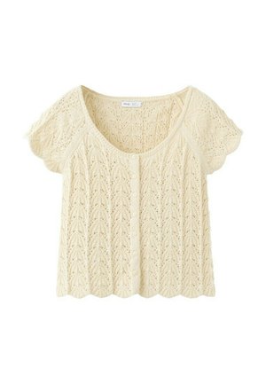 Cardigan court en tricot de couleur crème avec manches courtes, bordures festonnées, fermeture à boutons sur le devant, et motif ajouré complexe en forme de feuilles.