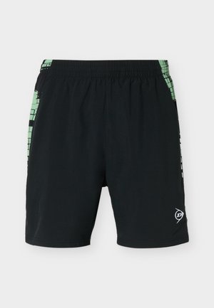 Schwarze Sportsshorts mit elastischem Bund, mintgrünen und schwarzen geometrischen Seitenpaneelen sowie einem kleinen weißen Dunlop-Logo am linken Bein.