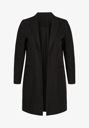 Black tailored blazer with long sleeves, notch lapels, single-button closure, and two front pockets. Smooth fabric, straight silhouette.