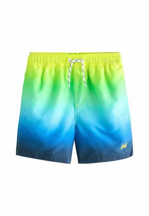 Men's swim trunks featuring a gradient design from bright yellow-green to blue, with an elastic waistband and adjustable drawstring.