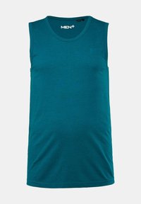 Bezramienny tank top w kolorze teal wykonany z miękkiego materiału; posiada okrągły dekolt i subtelne logo na piersi. Prosto cięty dół.