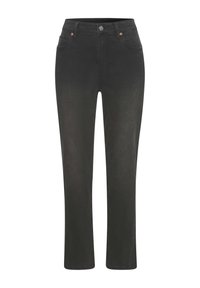 Melni džinsi ar taisnu kāju griezumu, ar vara toņu aparatūru, pieciem kabatām un pogu aizdari jostas vietā.