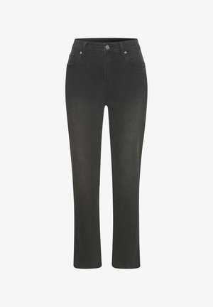 Mustad denim püksid sirge säärega, varustatud pronksvärvi metalldetailide, viie tasku ja nööpidega vöökoha sulgemisega.