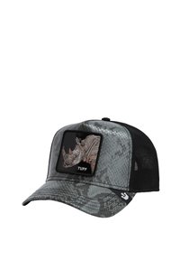 Graue Snapback-Cap mit einem schlangenmusterten Vorderteil, Mesh-Rücken und einem schwarzen Patch mit einem Nashorn-Design. Mit "TUFF"-Markierung.