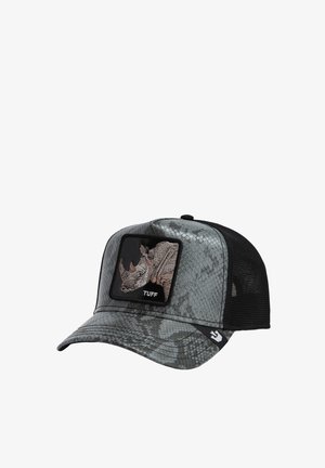 Graue Snapback-Cap mit einem schlangenmusterten Vorderteil, Mesh-Rücken und einem schwarzen Patch mit einem Nashorn-Design. Mit "TUFF"-Markierung.