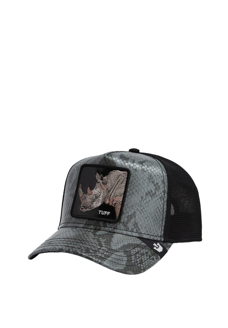 Graue Snapback-Cap mit einem schlangenmusterten Vorderteil, Mesh-Rücken und einem schwarzen Patch mit einem Nashorn-Design. Mit "TUFF"-Markierung.