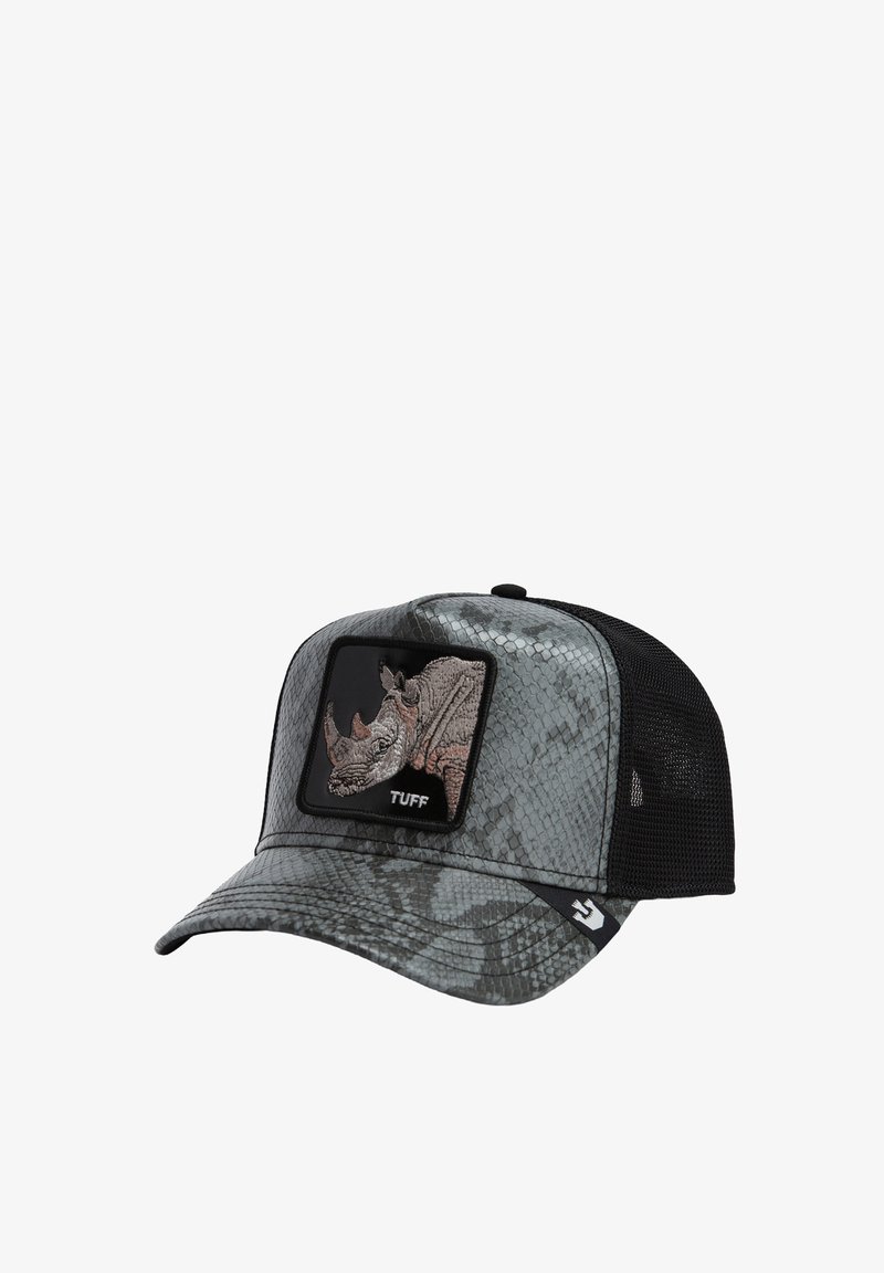 Graue Snapback-Cap mit einem schlangenmusterten Vorderteil, Mesh-Rücken und einem schwarzen Patch mit einem Nashorn-Design. Mit "TUFF"-Markierung.