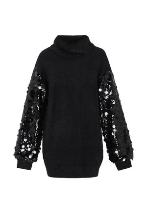 Pulover negru dintr-un material pufos, având mâneci lungi decorate cu paiete negre și argintii strălucitoare. Design cu guler înalt.