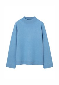 Pull bleu clair avec un col montant côtelé, des épaules tombantes et des manches longues. Confectionné dans un tissu doux et texturé avec une coupe décontractée.