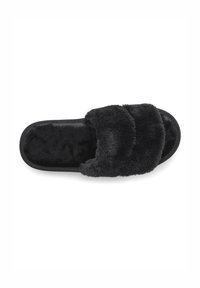 Black faux fur slide slipper with a soft, textured upper, cushioned footbed, and a thick, rounded sole. Features a double band design.
