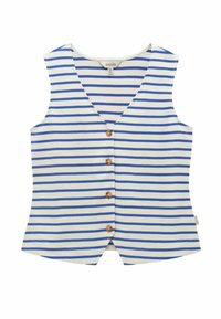 Biely tielko bez rukávov s horizontálnymi modrými pruhmi a štyrmi drevenými gombíkmi vpredu, so strihom do V.