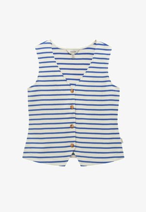 Sleeveless white vest with horizontal blue stripes and four wooden buttons down the front, featuring a V-neck collar.