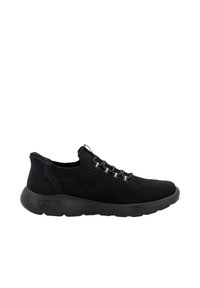 Black athletic shoes with a textured knit upper, elastic lacing system, and a cushioned black rubber sole. Sleek and modern design.