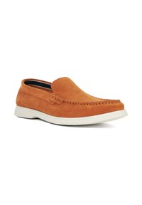 Suede slip-on shoes in orange with white rubber soles. Features subtle stitching accents and a rounded toe design.