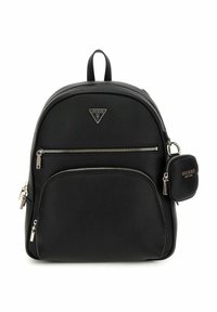 Sac à dos en cuir noir de forme arrondie, doté d'une poche zippée à l'avant et d'un petit porte-monnaie amovible. Accents en métal argenté.