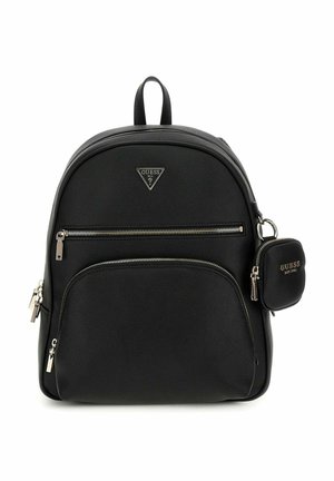 Schwarzer Leder-Rucksack mit runder Form, ausgestattet mit einer vorderen Reißverschlusstasche und einem kleinen, abnehmbaren Münzbeutel. Silbernene Hardware-Details.