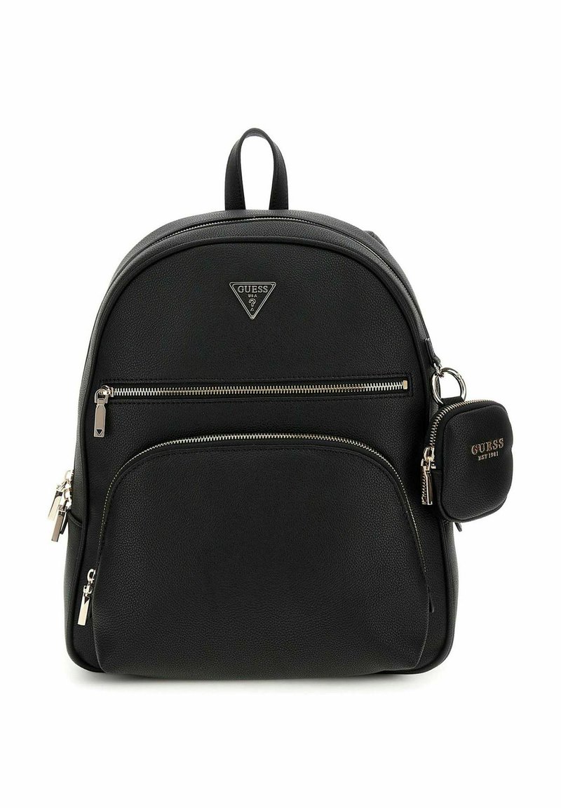 Sac à dos en cuir noir de forme arrondie, doté d'une poche zippée à l'avant et d'un petit porte-monnaie amovible. Accents en métal argenté.