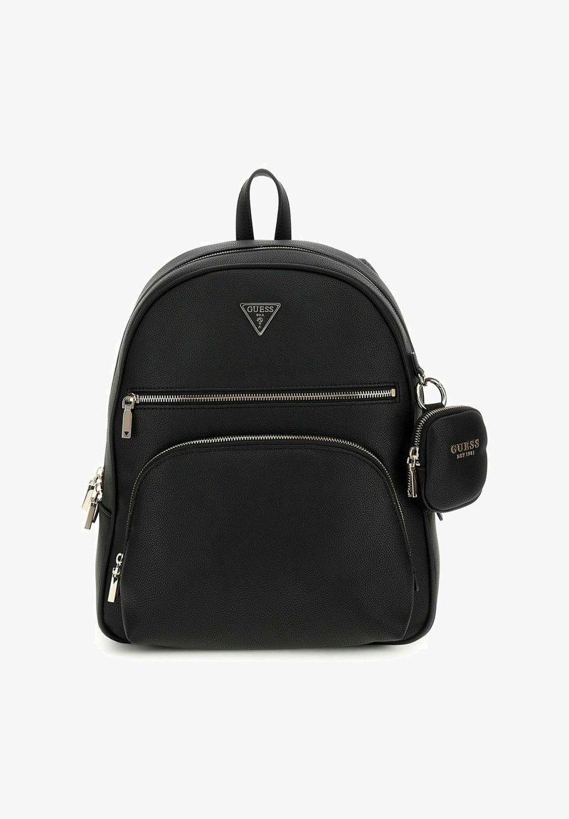 Sac à dos en cuir noir de forme arrondie, doté d'une poche zippée à l'avant et d'un petit porte-monnaie amovible. Accents en métal argenté.