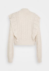 Pull en maille couleur crème avec détails volantés aux épaules et motif torsadé sur les manches, vu de dos.