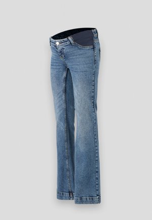 Light blue denim jeans with a flared leg design, featuring a dark waistband and five-pocket styling, finished with visible stitching details.