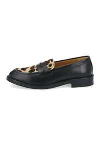 Black leather loafer with a leopard print pony hair panel. Features a rounded toe and a low, flat sole. Visual texture contrasts in materials.