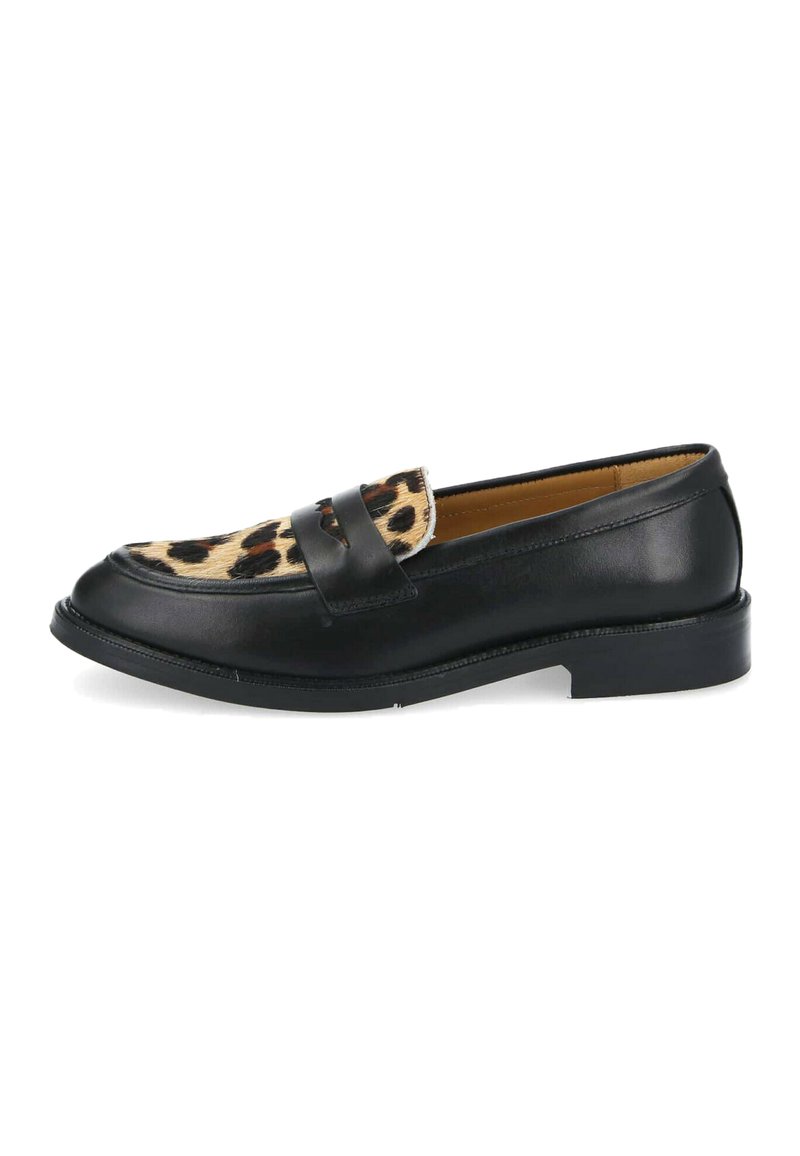 Black leather loafer with a leopard print pony hair panel. Features a rounded toe and a low, flat sole. Visual texture contrasts in materials.
