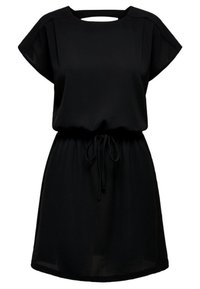 Schwarzes Kurzarmkleid mit rundem Ausschnitt und Schlitz. Elastischer Bund mit Kordelzug, aus glattem Stoff gefertigt.