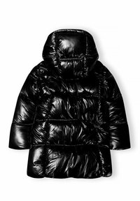 Černá péřová bunda s lesklým povrchem, vybavená kapucí, prošívanou strukturou a kontrastními švy. Design je oversized s volným střihem.