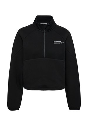Svart fleece-pullover med hög krage, halv dragkedja och raglanärmar. Har en logotyp på bröstet och en avslappnad cropped passform.
