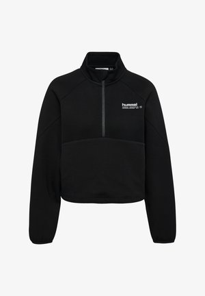 Schwarzer Fleece-Pullover mit Mock-Neck, halbem Reißverschluss und Raglanärmeln. Verfügt über ein Logo auf der Brust und hat eine entspannte, cropped Passform.