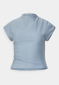 Light blue short-sleeve top with a high collar, fitted design, gathered details at the shoulders, and a concealed back zipper.