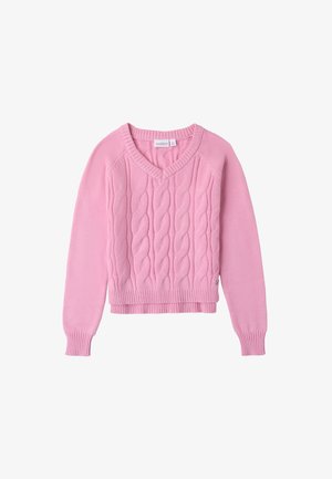 Roze kabelgebreide trui met een V-hals, lange mouwen en geribbelde mouwen en onderrand. Gemaakt van zachte stof met een gestructureerd patroon.