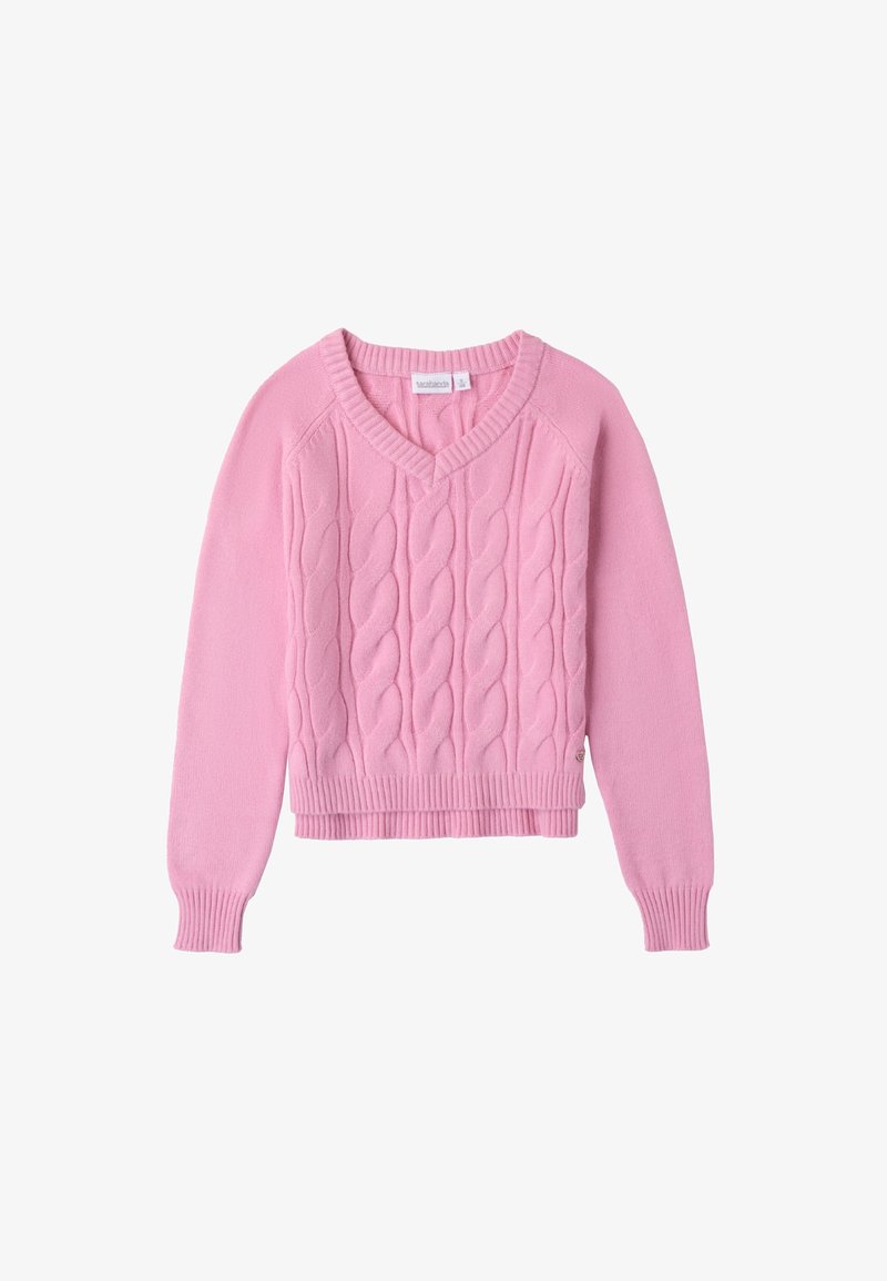 Rosa Kabelstrickpullover mit V-Ausschnitt, langen Ärmeln sowie Rippbündchen und -saum. Hergestellt aus weichem Stoff mit einem strukturierten Muster.