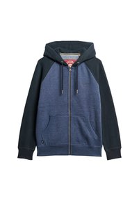 Sudadera con cremallera en navy y negra, con capucha ajustable, puños acanalados, dos bolsillos frontales y textura de forro polar; presenta el logo de la marca en el pecho.