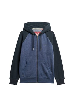 Navy and black zip-up hoodie with a drawstring hood, ribbed cuffs, two front pockets, and fleece texture; features brand logo on chest.