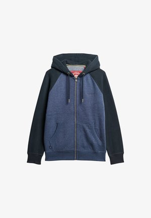 Marineblå og sort hættetrøje med lynlås, snor til hætten, ribkanter ved håndleddene, to frontlommer og fleeceoverflade; har brandlogo på brystet.
