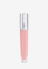 Glanzende lipgloss in een doorzichtig flesje met een zilveren dop. Zachte roze tint met een gladde textuur. Geen zichtbare patronen of extra accenten.