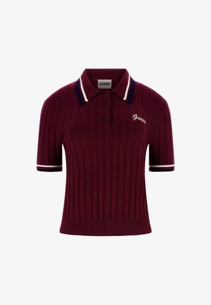 Burgundowa polo z krótkim rękawem w prążki z kontrastowym granatowo-białym kołnierzykiem i mankietami; posiada małe haftowane logo.