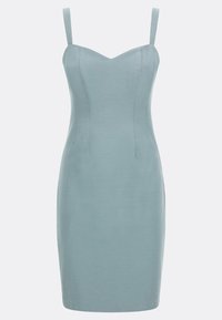 Lyseblå tætsiddende kjole med hjerteformet udringning, tynde stropper og en glat tekstur. Midi længde med søm for form og figur.