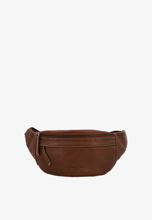 Marsupio in pelle marrone con tasca anteriore con cerniera e cinturino regolabile, con logo in rilievo sottile al centro anteriore.