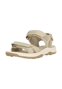 Beige Outdoor-Sandalen mit verstellbaren Klettverschlüssen, einer gepolsterten Innensohle und strukturierten Akzenten im Obermaterial, ausgestattet mit einer robusten Gummisohle.